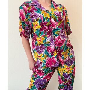 Vintage Christian Dior Floral Vacation Shirt & Pants Set 100% Cotton Size 12/14